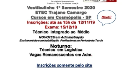 Estudantes devem se atentar para inscrição para ETEC 2020