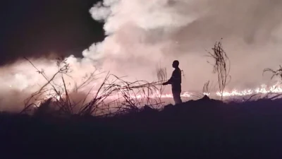 Defesa Civil combate incêndio em grande área de mato