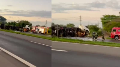 Acidente com carreta carregada de gasolina interdita Rodovia Zeferino Vaz nos dois sentidos
