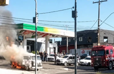 Kombi pega fogo durante abastecimento em posto de combustíveis na Avenida João Aranha